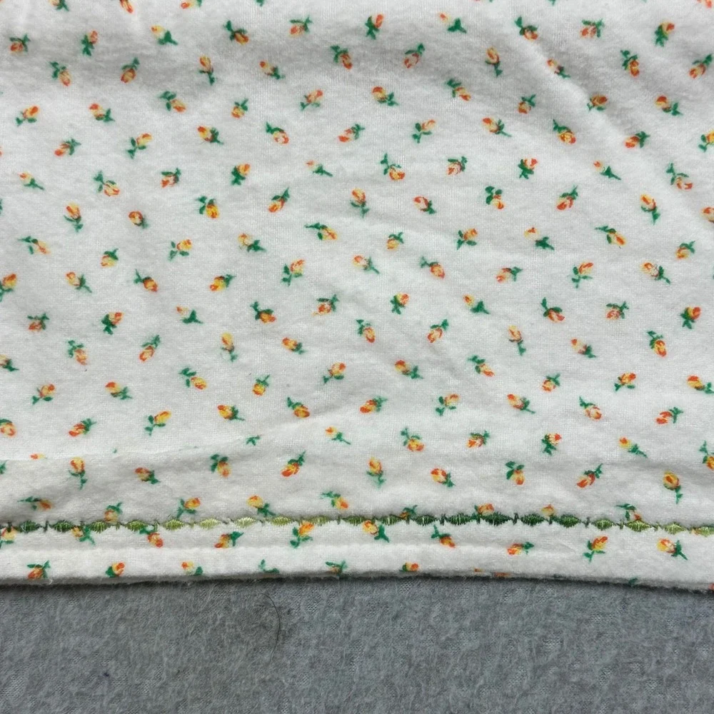 Vtg Soft Flannel Baby Receiving Blanket Floral Print Green Embroidery 39x39